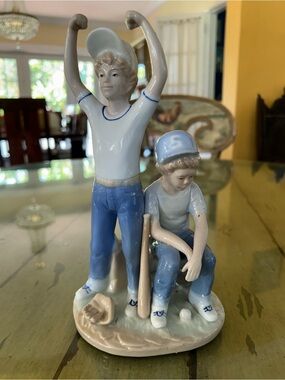 Porcelain Baseball Boys Figurine in Blue and White signed Paul Sebastian 1989